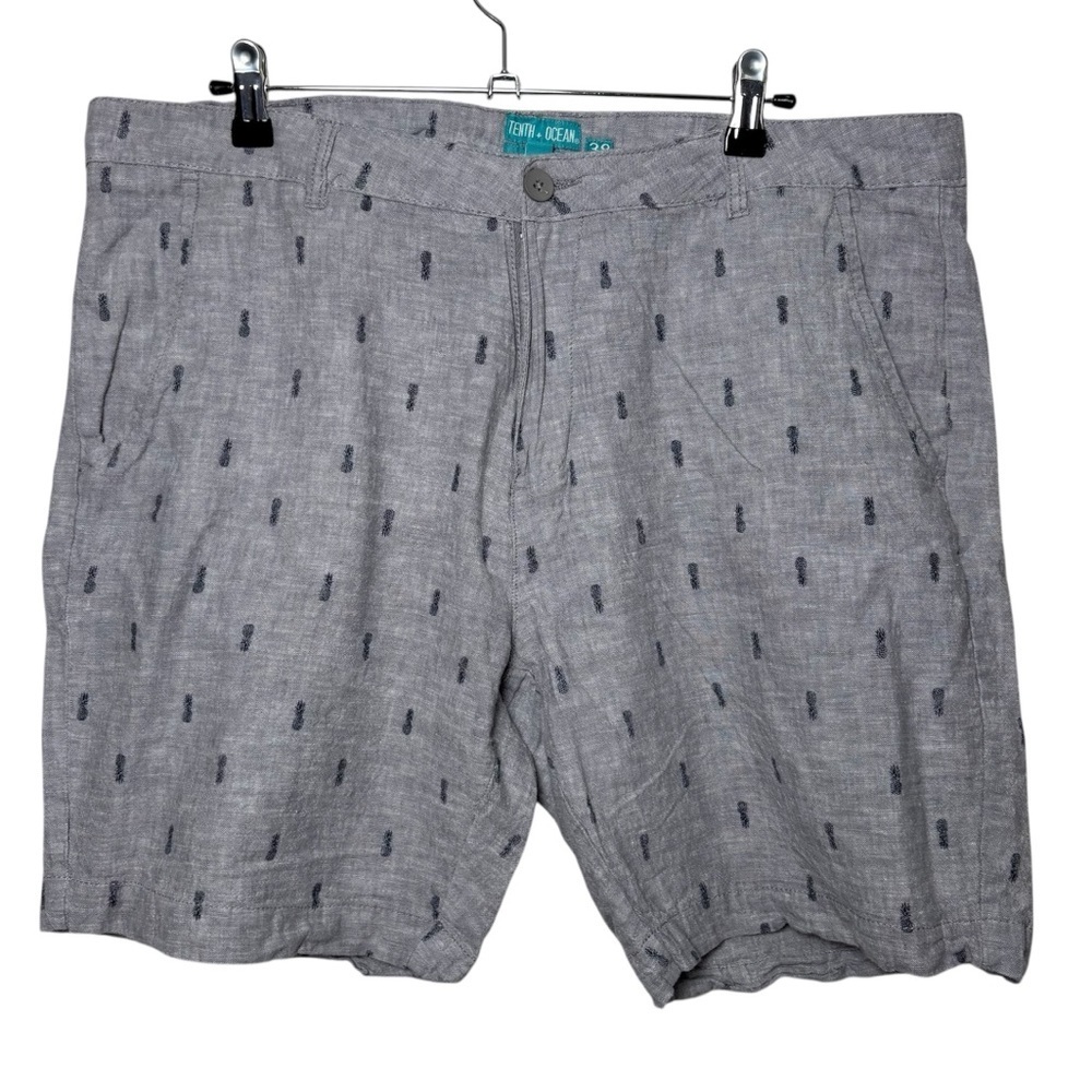 Tenth + Ocean Pineapple Shorts Men's 38 Linen Blend Gray Preppy Hawaiian Resort